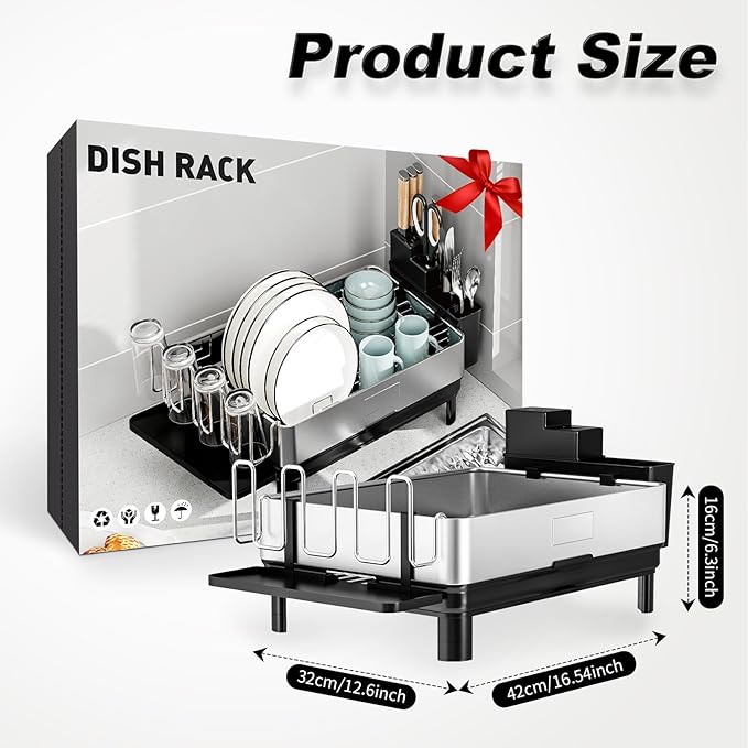 Ewaiira Dish Drying Rack, 304 Stainless Steel Dish Racks for Kitchen Counter, Dish Drainers with Automatic Drainage, Utensil Holder & Cups Holder, Space Saving Kitchen Organizer, Black 16.5''x12.6''