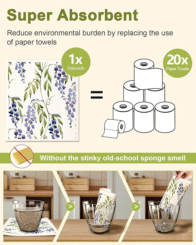 Miss Adola 6 Pack Swedish Dishcloths for Kitchen - Reusable Dish Cloths for Washing Dishes Absorbent Cute Funny Kitchen Towels Cleaning Sponge, Lavender Flower