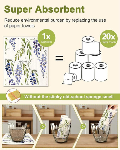 Miss Adola 6 Pack Swedish Dishcloths for Kitchen - Reusable Dish Cloths for Washing Dishes Absorbent Cute Funny Kitchen Towels Cleaning Sponge, Lavender Flower