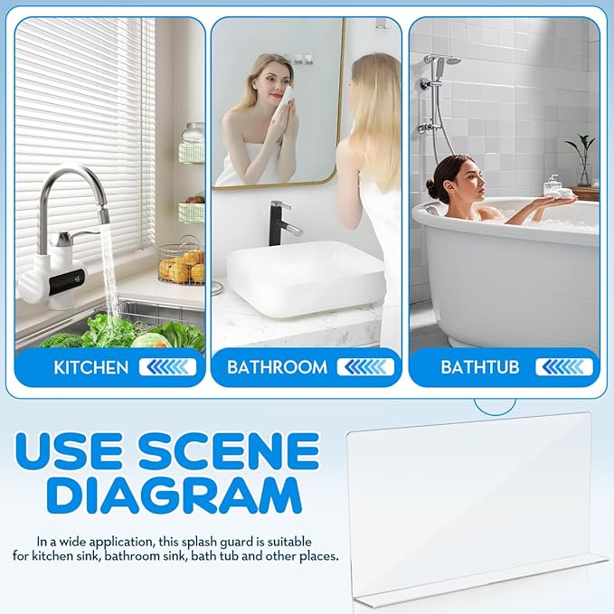 PRETYZOOM Kitchen Sink Splash Guard Acrylic Water Barrier for Bathroom and Kitchen Sink 15.74 X 8.26 X 1.96 Inches Protection Anti-Splashing Guard with Smooth Surface Easy to Clean