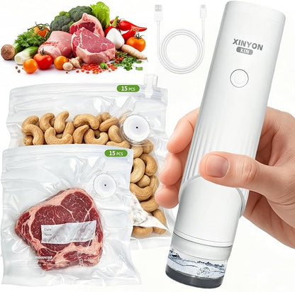 Xinyonxin Handheld Vacuum Sealer Machine with 30 Reusable Bags, Cordless Electric Food Preservation Pump for Meat and Sous Vide, USB Rechargeable Mini Sealing System for Kitchen
