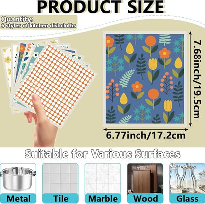 6Pcs 6 Styles Swedish Dishcloths for Kitchen Reusable Quick Drying Sponge 7.7 x 6.8 Inch Countertop Cleaning, Floral Dish Cloths Absorbent Decorative Towels for Dishes Home Tableware Use