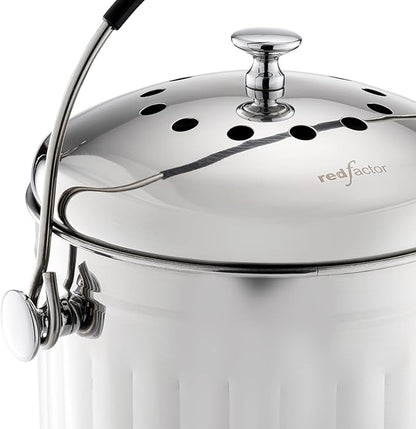 RED FACTOR Premium Compost Bin for Kitchen Countertop - Stainless Steel Food Waste Bucket with Innovative Dual Filter Technology - Includes Spare Filters (Brilliant Steel, 1.3 Gallon)