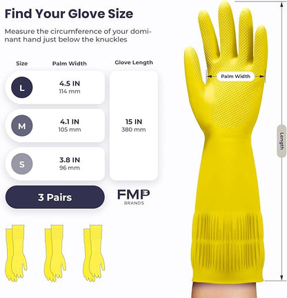 FMP Brands 3/6/12/60 Pairs 15 Inch Extra Long Rubber Dishwashing Gloves - Non-Slip for Cleaning, Kitchen, Bathroom, Gardening