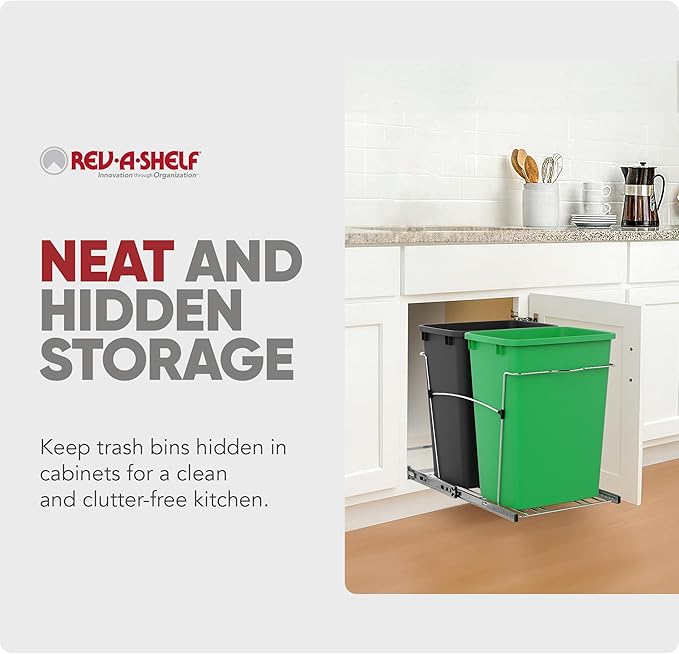 Rev-A-Shelf Double 35 Qt Pullout Trash Can for Base Kitchen Cabinets, Garbage Waste & Recycling Bin System with Full Extension Slides, Min Opening Width of 14.5", Green/Black, RV-18KD-1918C-S