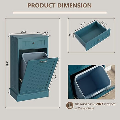 LOUVIXA Tilt Out Trash Can Cabinet, Hidden Trash Cabinet with Drawer, Wooden Dog Proof Trash Can Holder, Tilt Out Laundry Hamper, Garbage Can Holder (Teal-Blue)