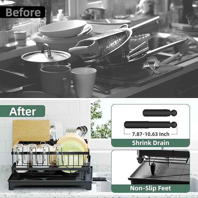 Dish Drying Rack, Dish Rack with Auto-Drainboard Rustproof Kitchen Counter Strainer with Cutlery & Cup Holders—Compact Space Saver for Small Spaces, Black