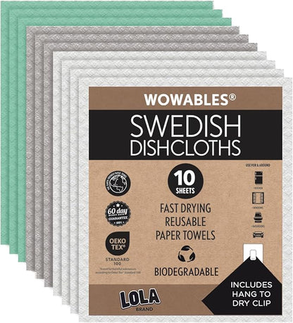 LOLA Swedish Dishcloths for Kitchen 10 Sheets, Biodegradable & Compostable Reusable Paper Towel Cleaning Cloths No Odor Washing Dishes Ultra Absorbent Cellulose Sponge Towel Made in Germany