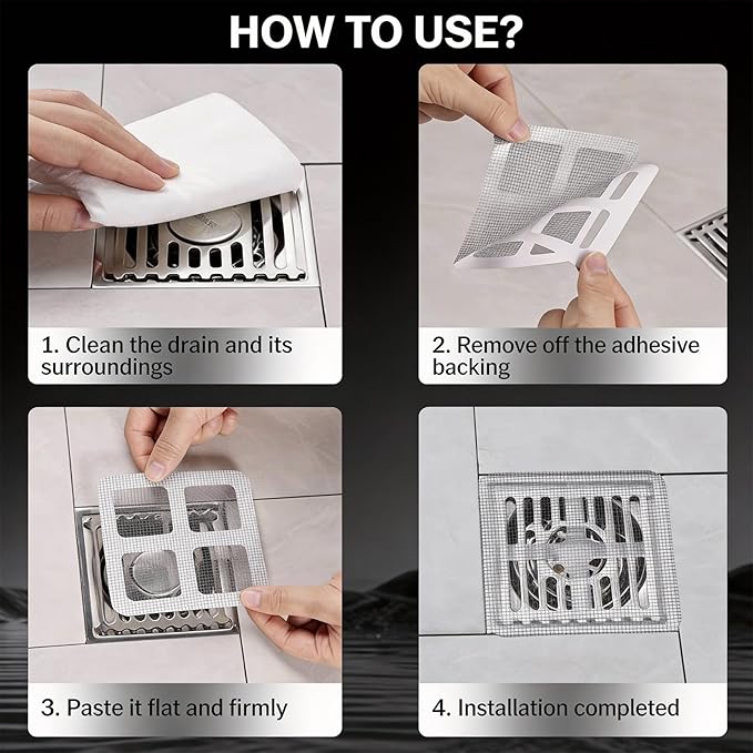 100 PCS 4"x4"Disposable Hair Drain Stickers, Anti-Blocking Filter Screen Self-Adhesive Mesh Drain Hair Drain Stickers with Scraper, Effective Hair Catcher for Shower, Bath, Kitchen Drain