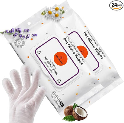 Aurora Pet Glove Wipes for Dogs & Cats, Wearable No-Rinse Grooming Glove Wipes for Paws, Face, Ears & Body, Hypoallergenic Disposable Pet Cleaning Wipes, Lavender Scented, 24 Count