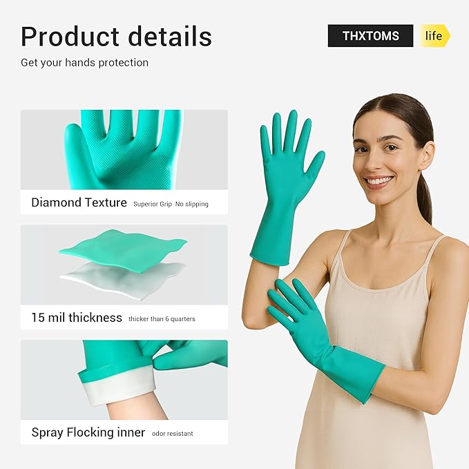 ThxToms 10 Pairs Nitrile Chemical Resistant Gloves, 15mil,13", Reusable Latex Rubber Free Heavy Duty Gloves, Acid Alkali Oil Protection, Industrial Use and Household Cleaning, Non-Slip, Small