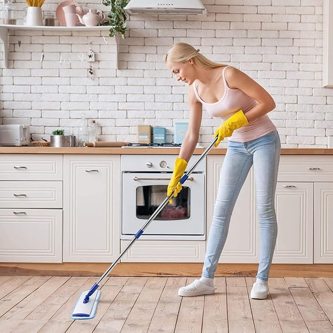 Professional 18" Microfiber Mop - Flat Mop with Stainless Steel Handle, 2 Reusable Washable Pads, Hardwood & Laminate (Blue)