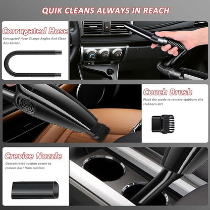 QISHENG-5 in 1 Wet/Dry Handheld Corded Car Vacuum Cleaner, 12V DC with Set of Cleaning Sets, Strong Suction & Lightweight. (Black)