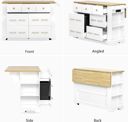 51.2" Kitchen Island with 6 Drawers, Pull Out Trash Can Storage, Rolling Kitchen Island on 5 Wheels with Drop Leaf, Power Outlet, 5 Open Side Racks for Kitchen, Dining Room, White