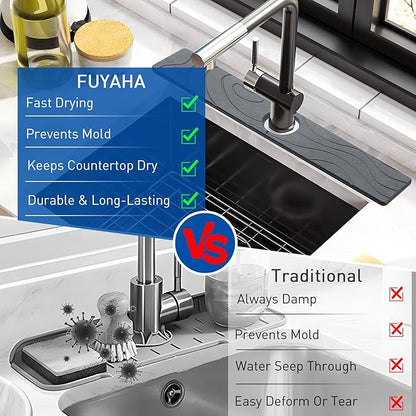 Faucet Mat for Kitchen Sink - Diatomite Quick Dry Sink Splash Guard, Super Absorbent, Kitchen Stone Sink Tray, Faucet Splash Guard for Bathroom Counter (23.62 * 3.93")
