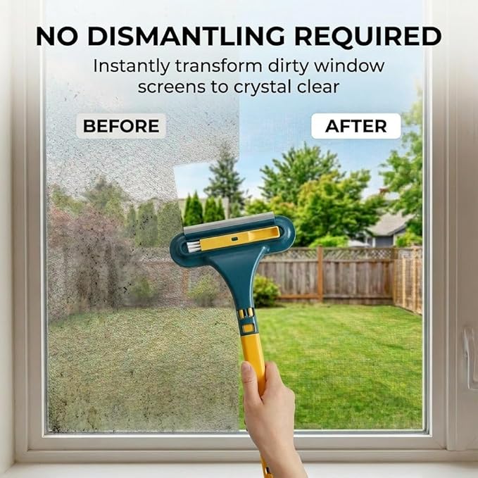 Window Screen Cleaning Brush, Upgraded 2 in 1 Screen Cleaner Tool with Squeegee, Wet Dry Dual Use, Multi-Purpose Mesh Screen Brush for Patio, Door, Porch (2)