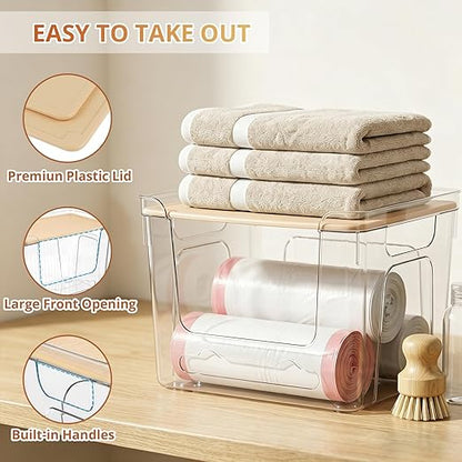 CANTAMI 2 Pack Trash Bag Dispenser with Lid, Plastic Stackable Trash Bag Holder, Clear Organizer Bins for Kitchen, Laundry Room, Under Sink Organization and Storage