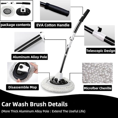 WillingHeart 15° Curved Car Wash Brush with Long Handle 43" Microfiber Cleaning Mop Telescopic Extension Pole for Caravan RV Truck Auto SUV Wheel Boat Exterior 2 in1 Carwash Duster Scratch Free, White