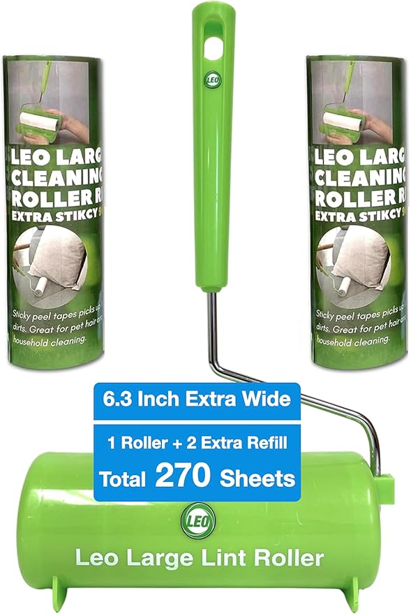 Leo 6.3-Inch Wide Lint Roller with 12-Inch Handle, Dog Hair Roller for Pet Cat Hair Removal, Super Sticky Roll Floor Refill, Leo Cleaning Roller Refill, 1 Roller + 2 Refills, 270 Sheets Total