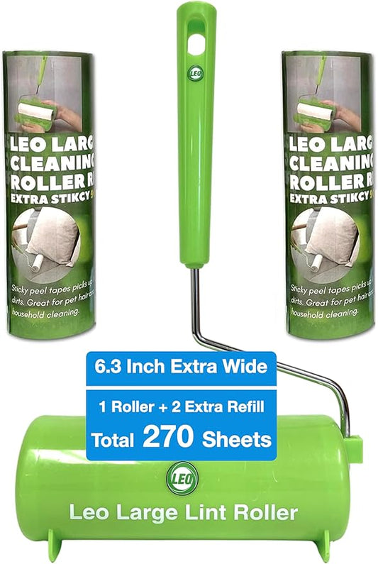 Leo 6.3-Inch Wide Lint Roller with 12-Inch Handle, Dog Hair Roller for Pet Cat Hair Removal, Super Sticky Roll Floor Refill, Leo Cleaning Roller Refill, 1 Roller + 2 Refills, 270 Sheets Total