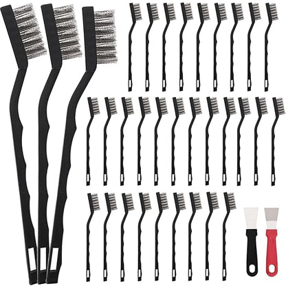 30 PCS Mini Wire Brush Stainless Steel Brush Set，Masonry Brush Wire Bristle for Cleaning Welding Slag and Rust，Curved Handle Brush (Stainless Steel, 30)