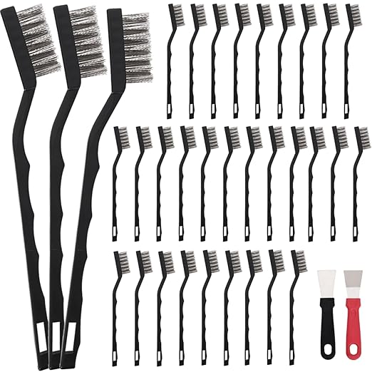 30 PCS Mini Wire Brush Stainless Steel Brush Set，Masonry Brush Wire Bristle for Cleaning Welding Slag and Rust，Curved Handle Brush (Stainless Steel, 30)