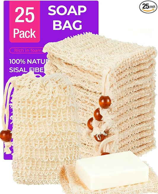 25 Pack Soap Bags with Drawstring, 5.3'' x 3.7'' Natural Soap Savers for Bar Soap Exfoliating Sisal Mesh Soap Bags for Soap Bars, Scrubbing & Massaging Shower Pouches for Men & Women