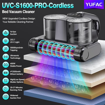 Mattress Vacuum Cleaner Cordless Bed Vacuum with 16Kpa Suction 253.7nm UV-C Light, Ultrasonic Technology, HEPA Filtration, Built-in 4*2500 mAh Battery, High/Low Dual Modes, Replacement Filter Included