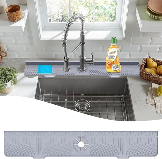 33 inch Sink Splash Guard Mat, Sink Faucet Drying Mat, Silicone Faucet Handle Drip Catcher Tray, Longer Silicone Sink Mat for KitchenBathroom, Drip Protector Splash Countertop (Grey)