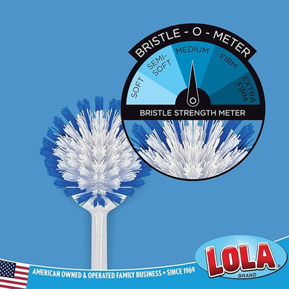 Dish Brush Scrubber for Kitchen, 2 Pack, by LOLA, Has Stiff Bristles & Food Scraper, Comfort No-Slip Grip Handle, Safe for Non-Stick & Coated Cookware