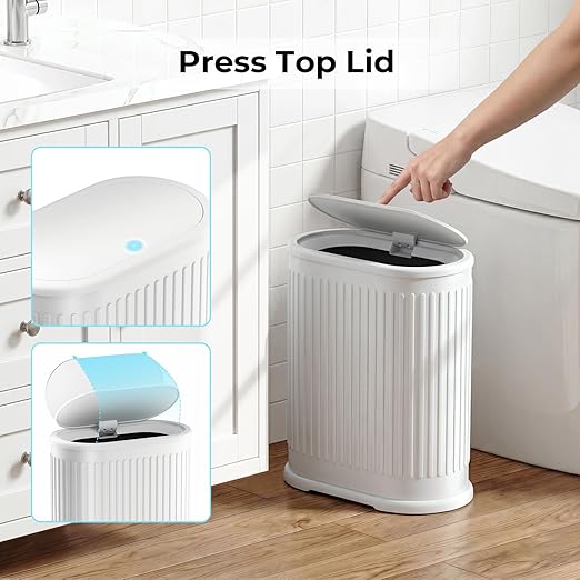 Small White Bathroom Trash Can with Press Top Lid, 1.8 Gallon Stainless Steel Garbage Can with Removable Inner Bucket, Includes 60 Trash Bags for Home Bedroom