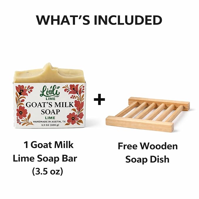 Goat Milk Soap Bar 3.5 oz + Free Soap Dish - Handmade Natural Face & Body Soap - Raw Goat Milk - Gift for Men & Women - No Dyes, Long-Lasting, Moisturizing for Sensitive Skin (Lime)