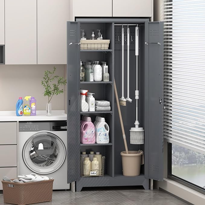 Metal Storage Cabinet with Lock,72" Garage Storage Cabinets with Hanging Rod & S-Hooks,Large Storage Cabinet with Shelves,Locking Tool Utility Closet for Home,Garage,Utility Room,Dark Grey