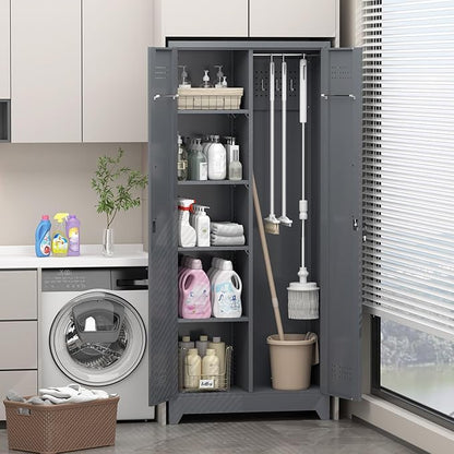 Metal Storage Cabinet with Lock,72" Garage Storage Cabinets with Hanging Rod & S-Hooks,Large Storage Cabinet with Shelves,Locking Tool Utility Closet for Home,Garage,Utility Room,Dark Grey