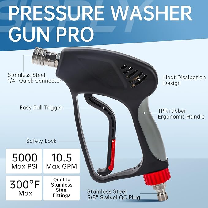 SEPLY Pressure Washer Short Gun, 5000 PSI/10.5 GPM High Power Washer Spray Gun with 5 Nozzle Tips, 3/8'' Swivel Quick and M22-14mm Connect for Foam Cannon Car Wash