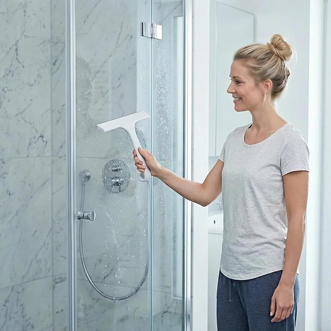 Silicone Shower Squeegee - All-in-One Design with Built-in Hook, 10 Inch Streak-Free Bathroom and car Cleaner for Glass Doors, Mirrors, Windows, Tiles Grey