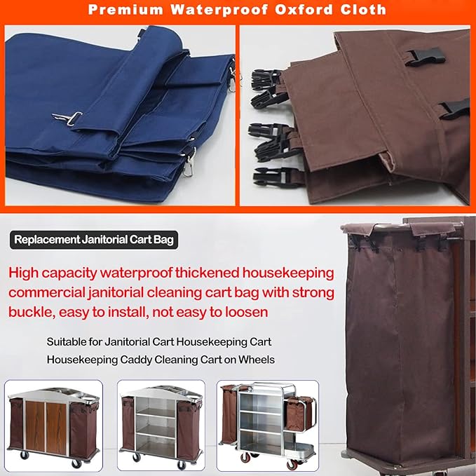 Replacement Janitorial Cart Bag, High Capacity Waterproof Thickened Housekeeping Commercial Janitorial Cleaning Cart Bag with 8 Strong Buckle - 15 x 11 x 33 inches (26 Gallon)