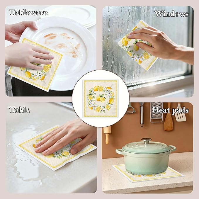 5 Pack Mixed Watercolor Lemon Swedish Kitchen Dishcloths Dish Towels, Farmhouse Lemon Dish Towels for Kitchen, Swedish Dishcloth, Paper Towels Reusable, Dish Cloth Towel Cleaning Wipe for Home