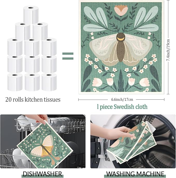 6 - Pack Swedish Kitchen Dish Cloths - Reusable Paper Towels for Counters & Dishes - Eco Friendly Cellulose Sponge Cloth (Butterfly)