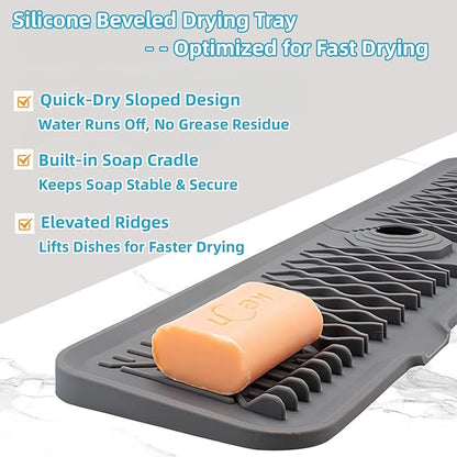 Silicone Faucet Handle Drip Catcher Beveled Drying Tray Mat Dish Soap Sponge Holder Accessories Gadgets for Kitchen Counter Bathroom Kitchen Sink Splash Guard (24")