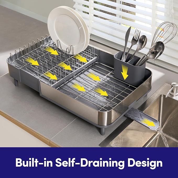 Dish Drying Rack Countertop Expandable Dish Drainer — Up to 20.5" Telescoping Premium Extending Drying Station Organizer with Drainboard, Removable Utensil Holder — Dish, Silverware & Cup Storage Gray