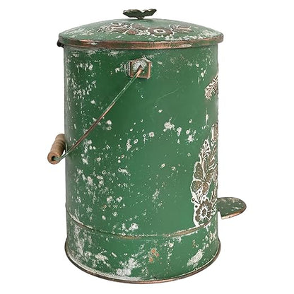 Rustic Farmhouse Decor Trash Can with Lid and Pedal Retro Handmade Distressed Design Pattern Round Garbage Cans Recycling Waste Bin for Home Patio Yard Bathroom Kitchen Garden Living Room Green