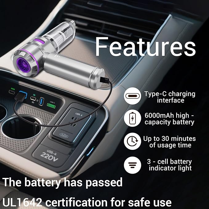 Mini Handheld Car Vacuum Cleaner Cordless - Vacuum & Blower 2-in-1, Powerful Suction for Pet Hair & Crumbs, 1.5lbs Ultra Lightweight, Type-C Fast Charging, 3 Speeds, for Car/Home/Office
