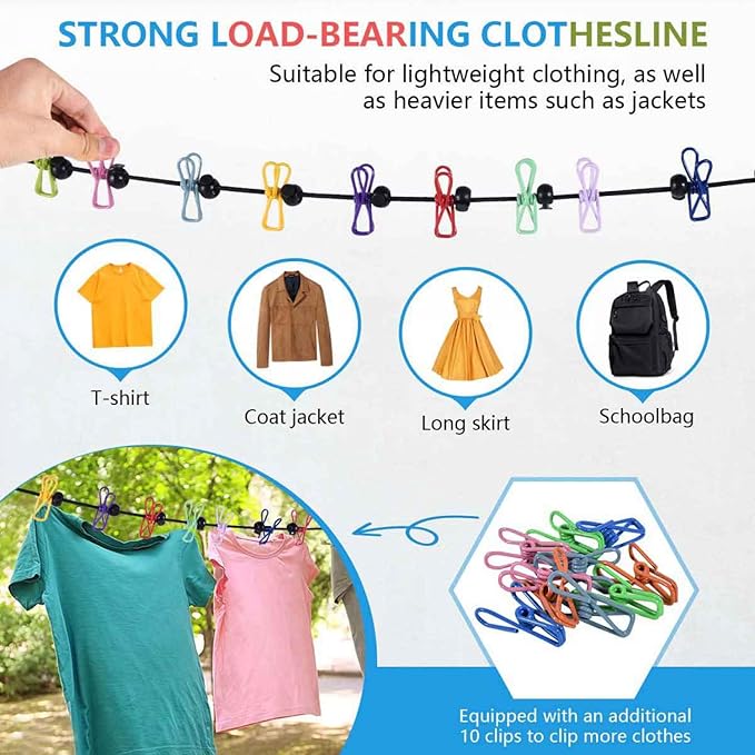 SenseYo Retractable Portable Clothesline for Travel with 22 Clothespins, Camping Clothes line for Indoor Outdoor Balcony Hotel Room Laundry Drying