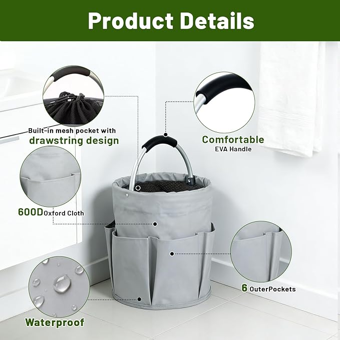 17L Foldable Cleaning Caddy with Handle - Portable Oxford Fabric Storage Bucket, Organiser for Cleaning Supplies, Toiletries, Home, Garden, Picnic & Beach (Apricot Gray)
