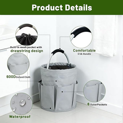 17L Foldable Cleaning Caddy with Handle - Portable Oxford Fabric Storage Bucket, Organiser for Cleaning Supplies, Toiletries, Home, Garden, Picnic & Beach (Apricot Gray)