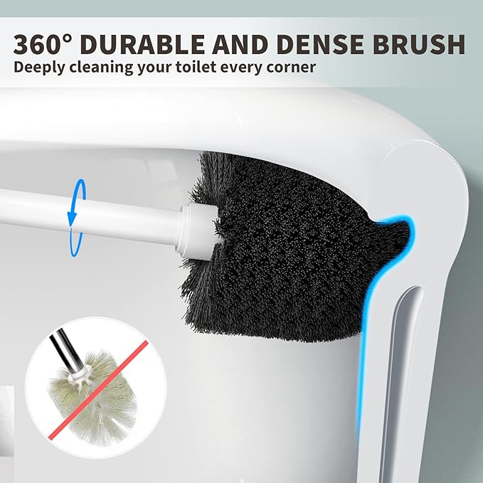 Toilet Brush, Toilet Bowl Brush with Extra Long Handle Durable Bristles Toilet Scrubber and Covered Holder for Toilet Brush Set for Bathroom Cleaning (White, 1 Set)