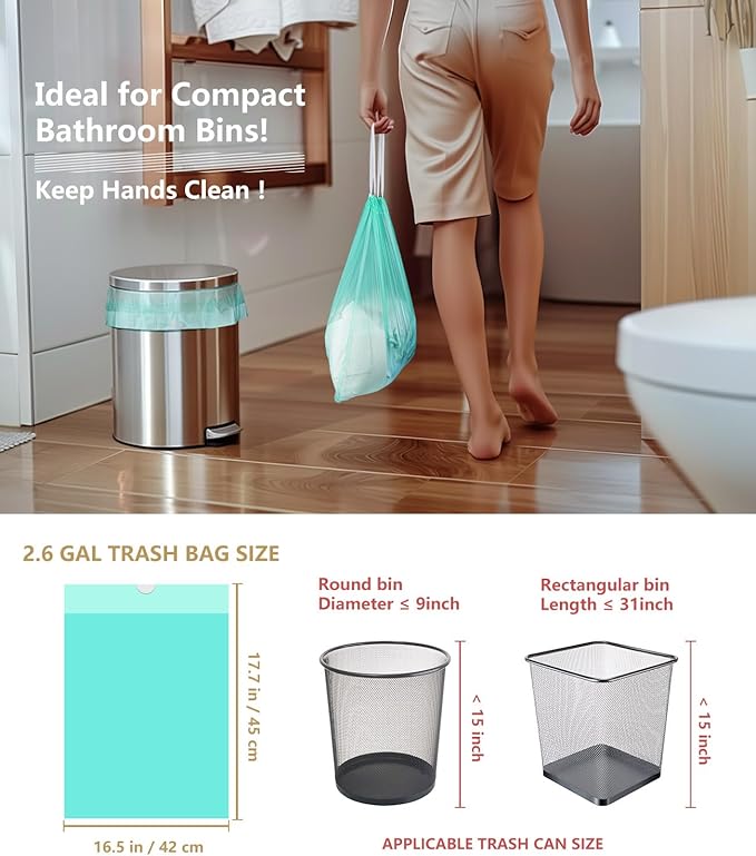 AYOTEE Small Trash Bag, 2 Gallon Trash Bag Drawstring Compostable Trash Bags, 50 Count Small Garbage Bags Bathroom Trashbags Compost Bags Waste Basket Liners for Bathroom, Office, Pet (Green)