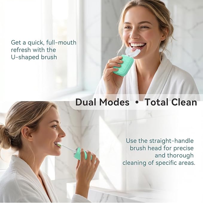 Sonic Electric U Shaped Toothbrush for Adults, Automatic Full Mouth Cleaning Toothbrush, 360° Stain Removal, IPX7 Waterproof Rechargeable, 3 U-Shape & 2 Straight Brush Heads (Green)