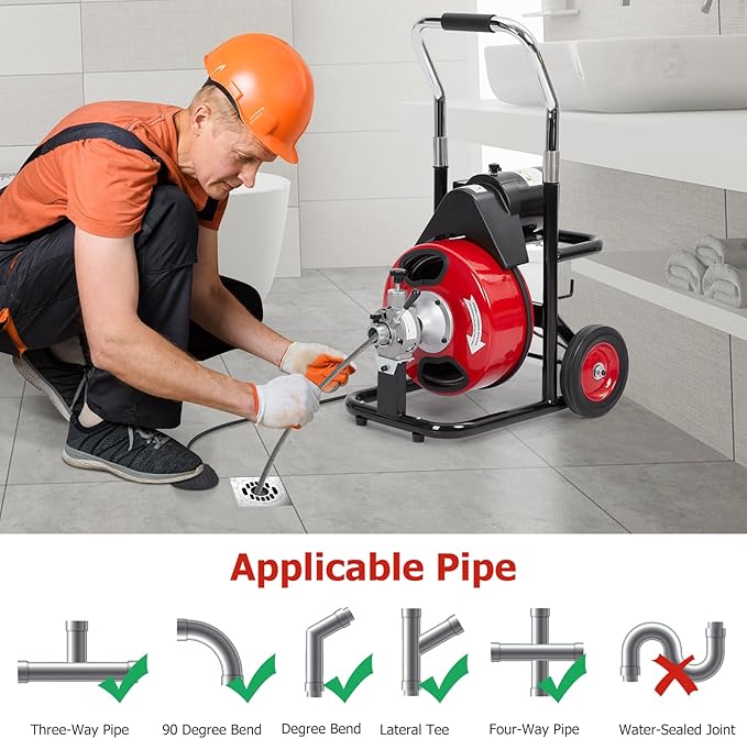 Drain Cleaner Machine 100FT x 3/8 Inch, Plumbing Auger Snake with Auto Feed, 8 Cutters, Foot Switch & Wheels, Portable Sewer Cleaning Tool for 1"-4" Pipes, Home and Bathroom Maintenance